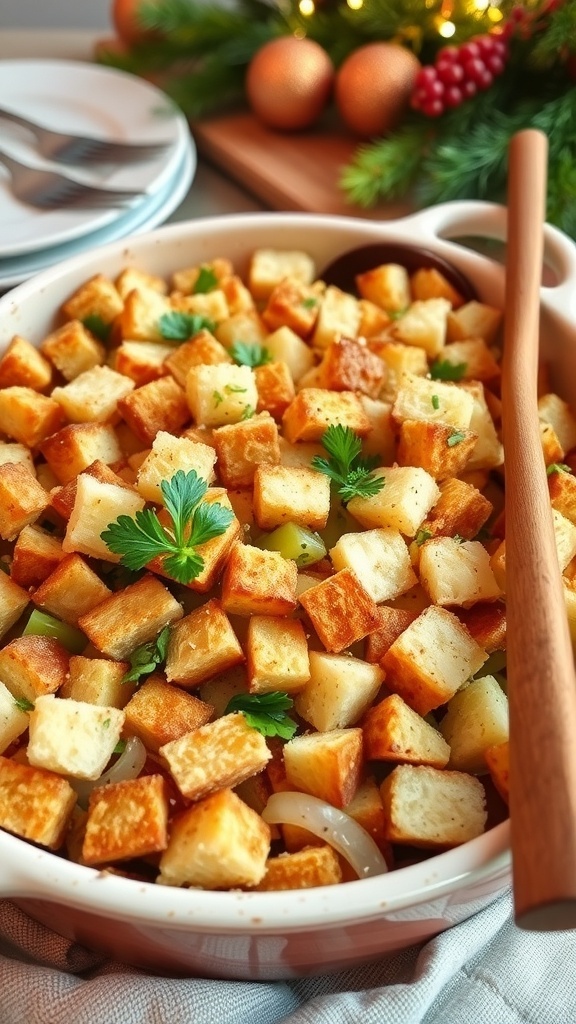 Gluten-Free Bread Stuffing Recipe A dish of gluten-free bread stuffing with golden bread cubes, onions, and celery, garnished with parsley.
